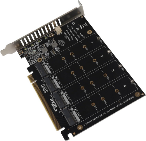 4-Port M.2 NVMe SSD to PCIe (16 Slot) Expansion Adapter Card (PH44)