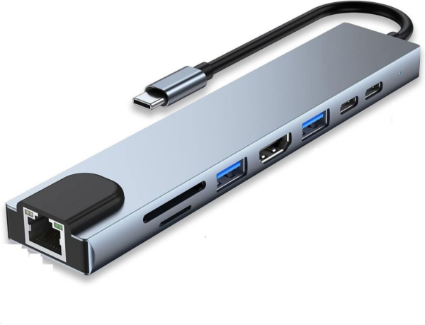 Type-C to 8 in 1 HUB | 2 x USB, 2 x PD(Type-C), SD-TF, HDMI & RJ45(Network)