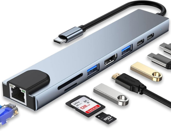 Type-C to 8 in 1 HUB | 2 x USB, 2 x PD(Type-C), SD-TF, HDMI & RJ45(Network)