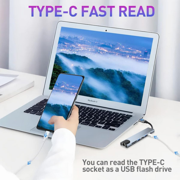 Type-C to 8 in 1 HUB | 2 x USB, 2 x PD(Type-C), SD-TF, HDMI & RJ45(Network)